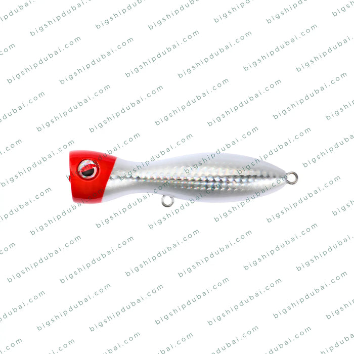 Fishing lure with red and silver design on a white background