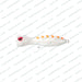 Fishing lure with a white body and red eye on a branded background